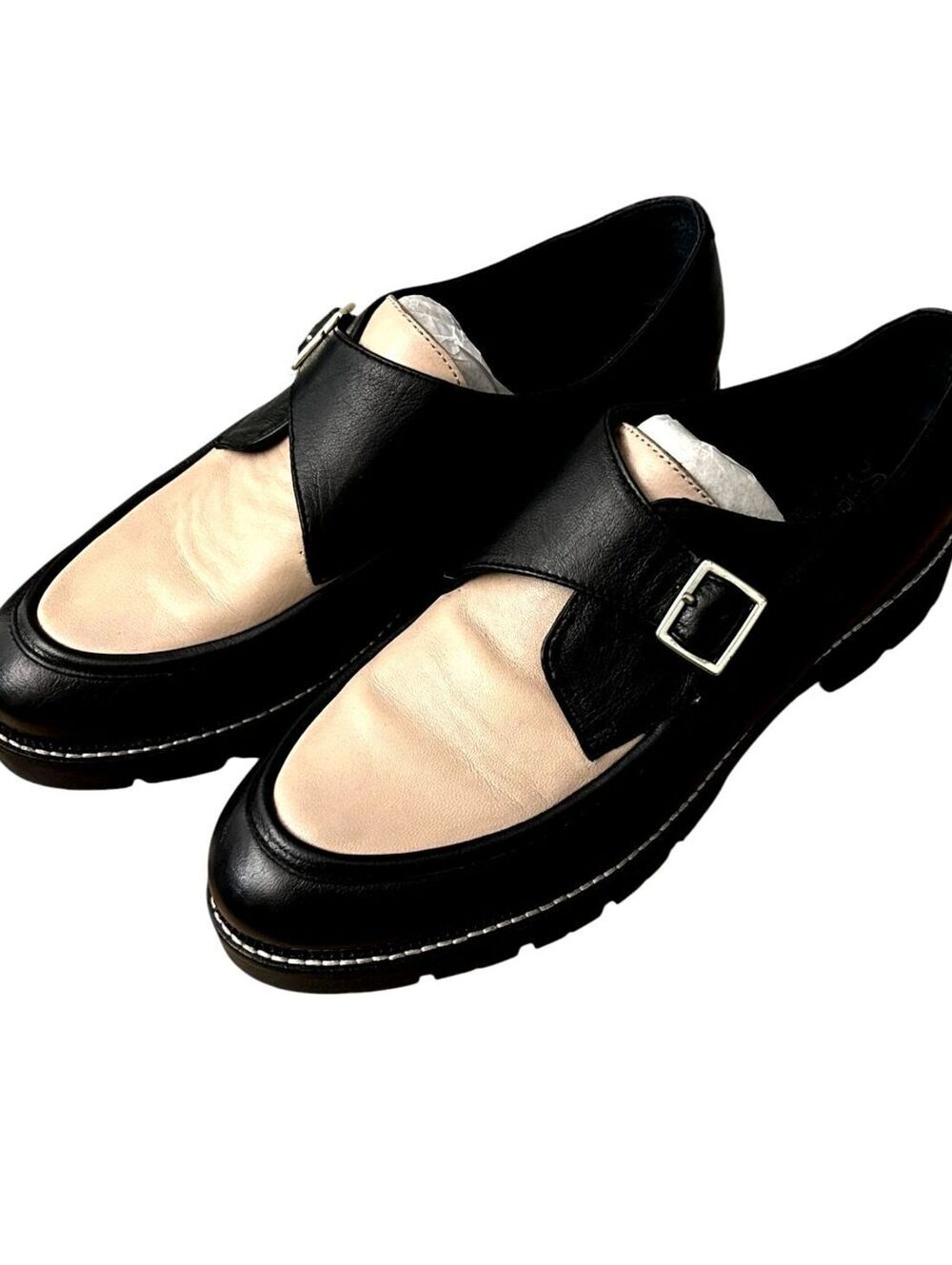 SEYCHELLES Womens (11) Catch Me Black/Cream Two-Tone Leather Loafers w/ Buckle